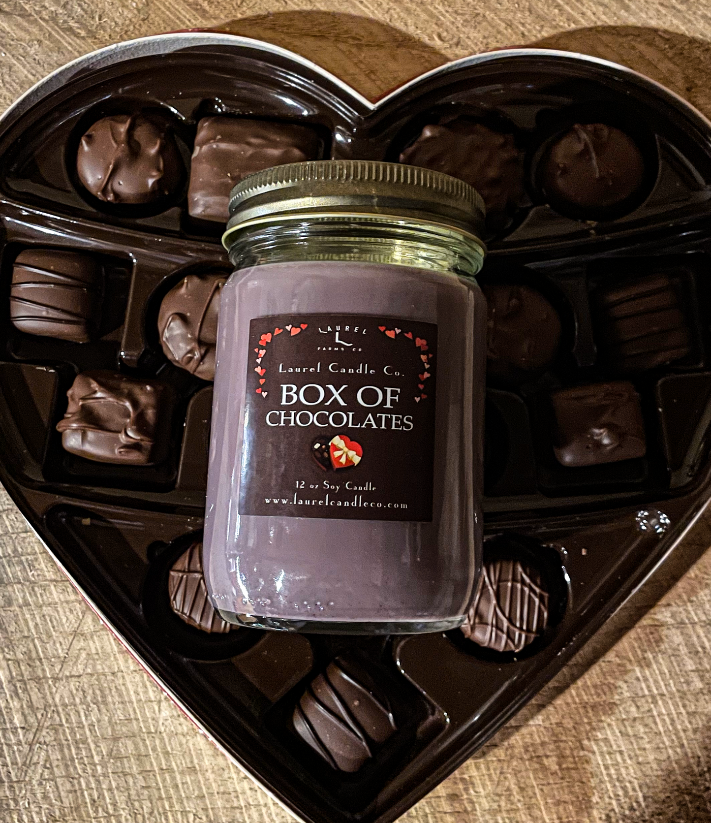 Box of Chocolates 12 Oz Mason Jar Soy Candle - 100% Pure Soy Wax - Valentine's Day Collection