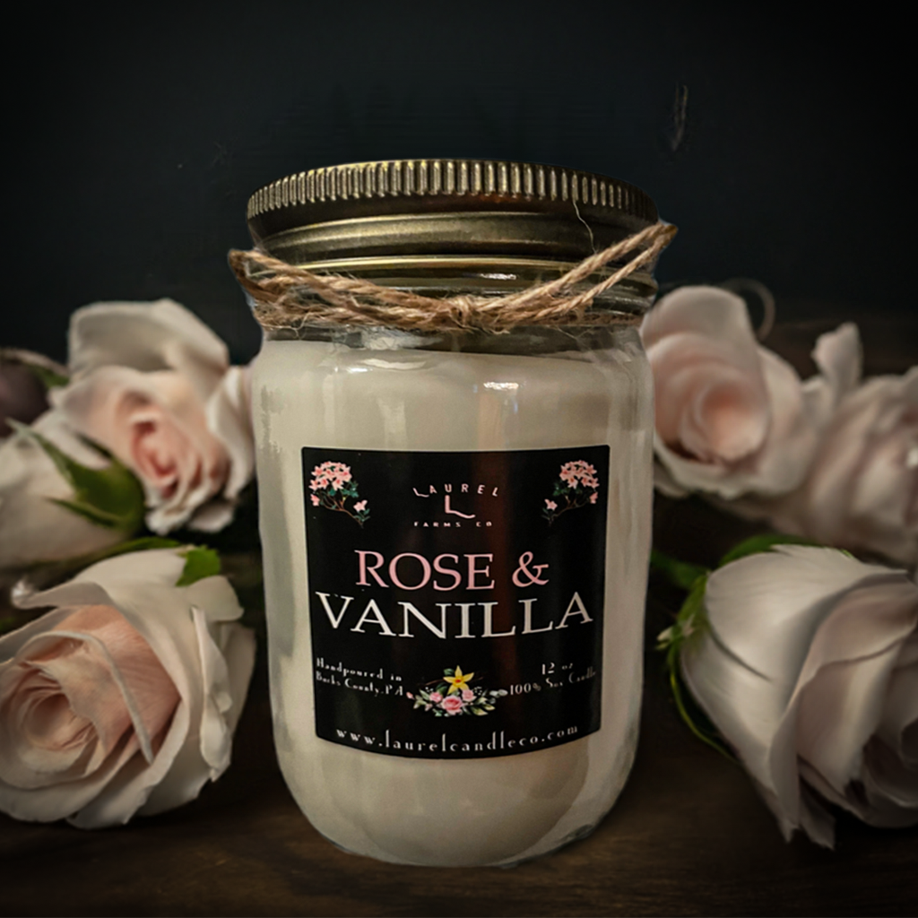 Rose & Vanilla 12 Oz Mason Jar Soy Candle - 100% Pure Soy Wax