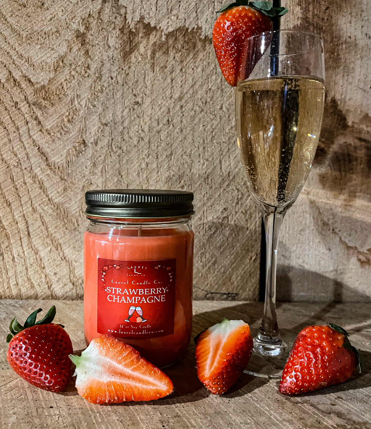 Strawberry Champagne 12 Oz Mason Jar Soy Candle - 100% Pure Soy Wax - Valentine's Day Collection